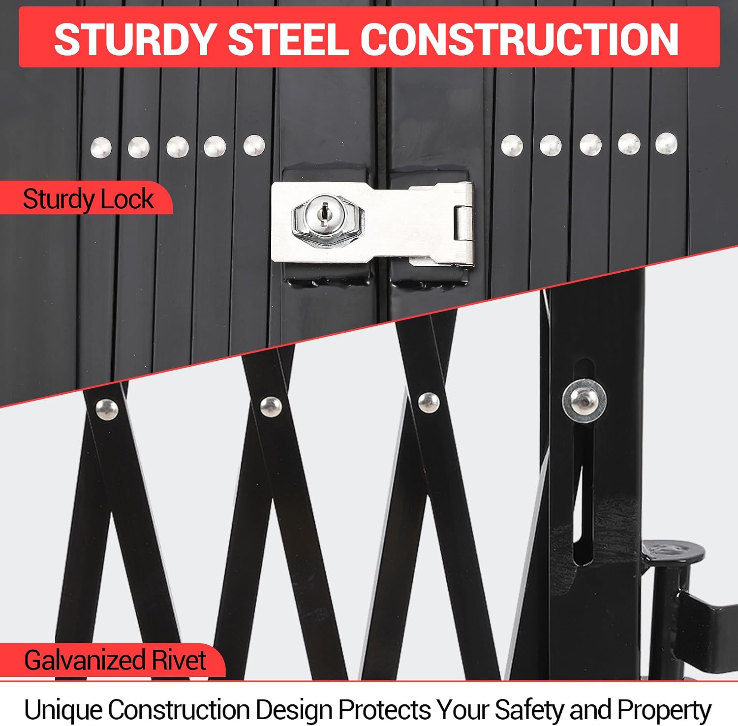 87' H x 150' W Folding Security Gate, Heavy Duty Steel Expandable Barrier Bi-fold Door with 360° Swivel Casters & Key Lock, Retractable Rolling Scissor Gate for Garage Driveway Warehouse, Black