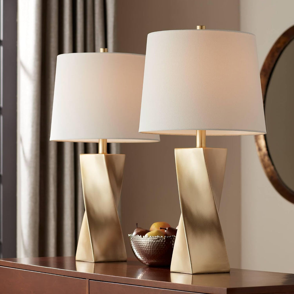 360 Lighting Arabella 25' High Geometric Modern 3-Way Table Lamps Set of 2 Gold Finish Fabric Off-White Shade Living Room Bedroom Bedside Nightstand House Office Home Reading Kitchen Entryway