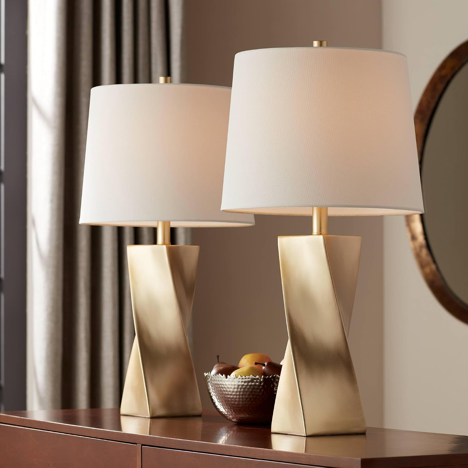 360 Lighting Arabella 25' High Geometric Modern 3-Way Table Lamps Set of 2 Gold Finish Fabric Off-White Shade Living Room Bedroom Bedside Nightstand House Office Home Reading Kitchen Entryway