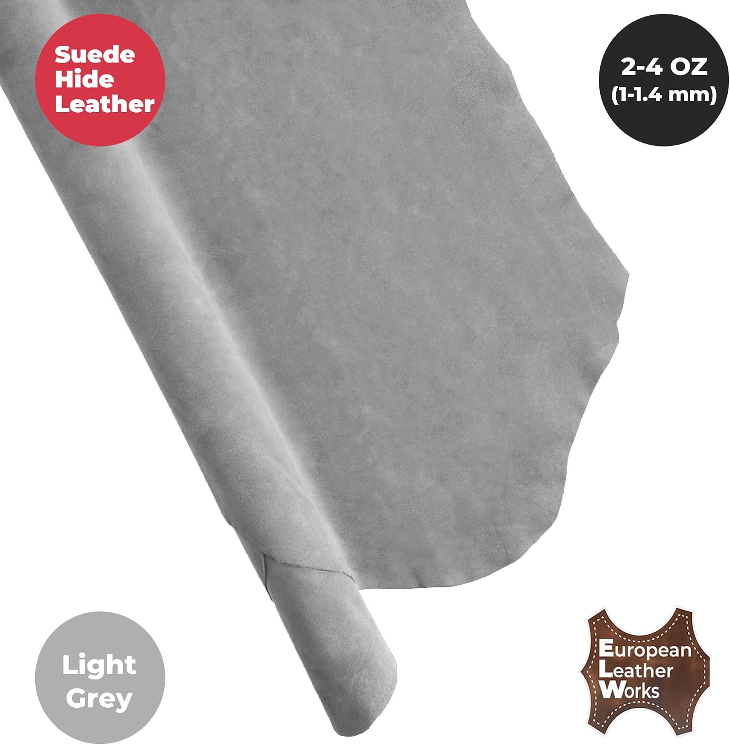 ELW Premium Suede Cowhide 2-4 oz (1-1.6mm) - Soft Full Grain Pre-Cut Side Leather - (2-4 SQ FT 4 PCS,Light Grey) - USA Made Silky Buffed Suede Fabric Leather for Car Upholstery, Garments, Furniture