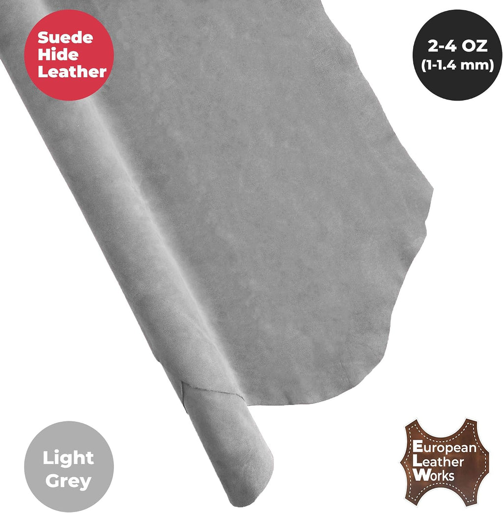ELW Premium Suede Cowhide 2-4 oz (1-1.6mm) - Soft Full Grain Pre-Cut Side Leather - (2-4 SQ FT 2 PCS,Light Grey) - USA Made Silky Buffed Suede Fabric Leather for Car Upholstery, Garments, Furniture