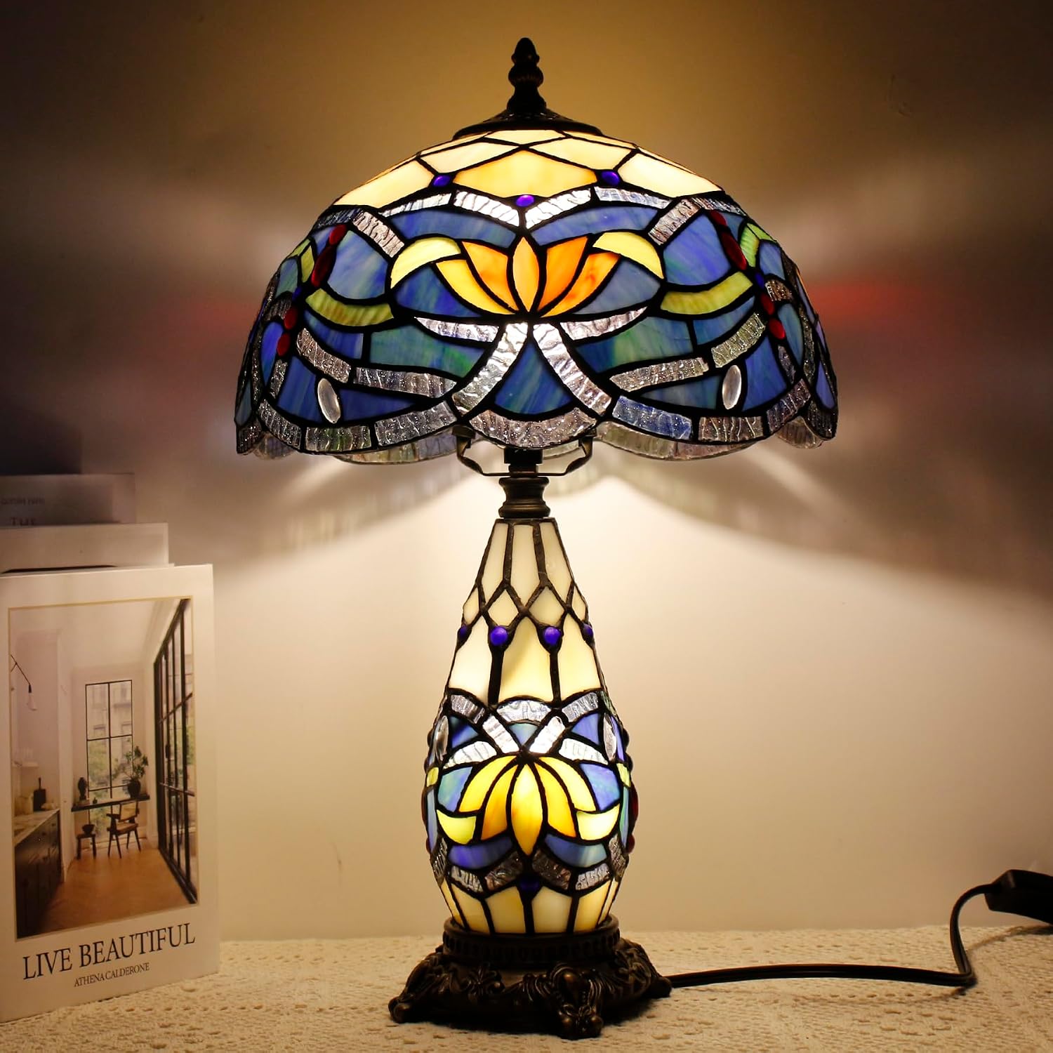 Tiffany Lamp Stained Glass Table Lamp 12X19 Inches Mother Daughter Vase Desk Accent Night Light for Bedroom Bedside Reading Home Antique Style (Blue Lotus)