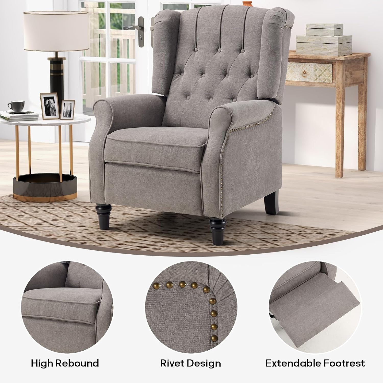 IOMOR Push Back Recliner Chair Fabric Lounge Armchair Pushback Recliner with Rivet Decoration Wingback Single Sofa Chair with Padded Seat for Living Room, Bedroom (1, Grey)