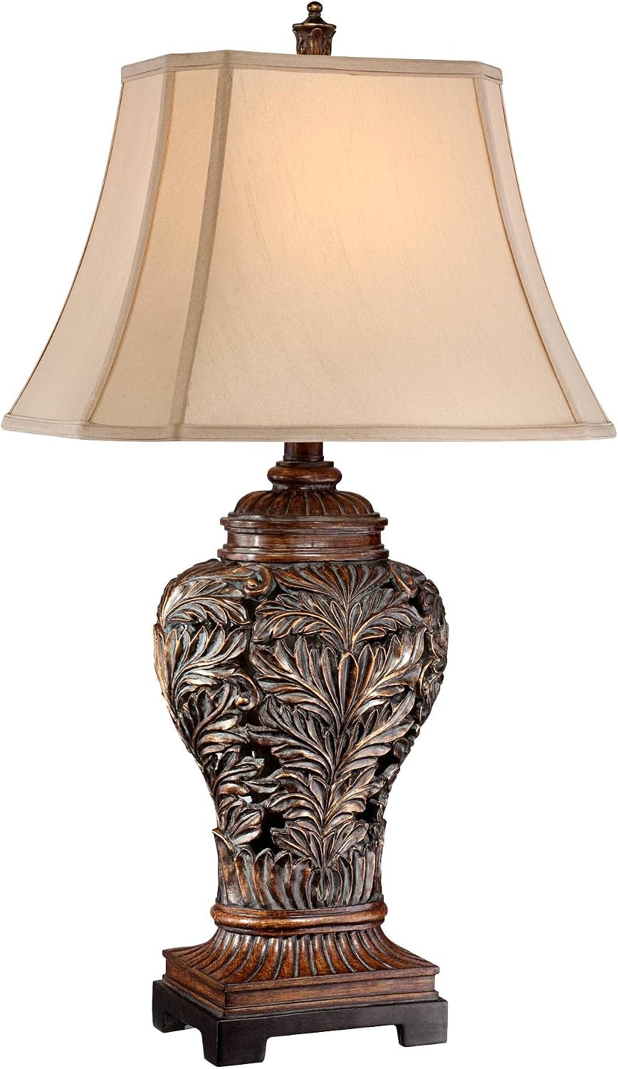 Barnes and Ivy Leafwork Traditional 3-Way Table Lamp 32 1/2' Tall with Dimmer and USB Charging Port Bronze Brown Tan Rectangular Shade for Bedroom Living Room Nightstand Bedside Night Stand Office