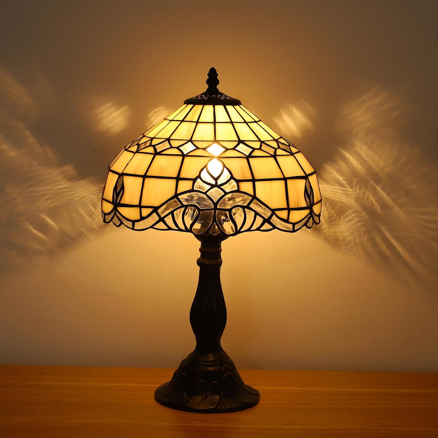 Tiffany Vintage Table Lamp,Pink Baroque Stained Glass Vintage Lamps,Bedside Nightstand Lamps for Bedroom,Living Room,Home Office Desk Lamp,LED 3 Color Temperatures Bulb,12X12X19Inch