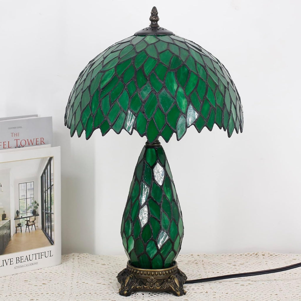 Tiffany Lamp Stained Glass Table Lamp 12X19 Inches Mother Daughter Vase Desk Accent Night Light for Bedroom Bedside Reading Home Antique Style (Green Wisteria)