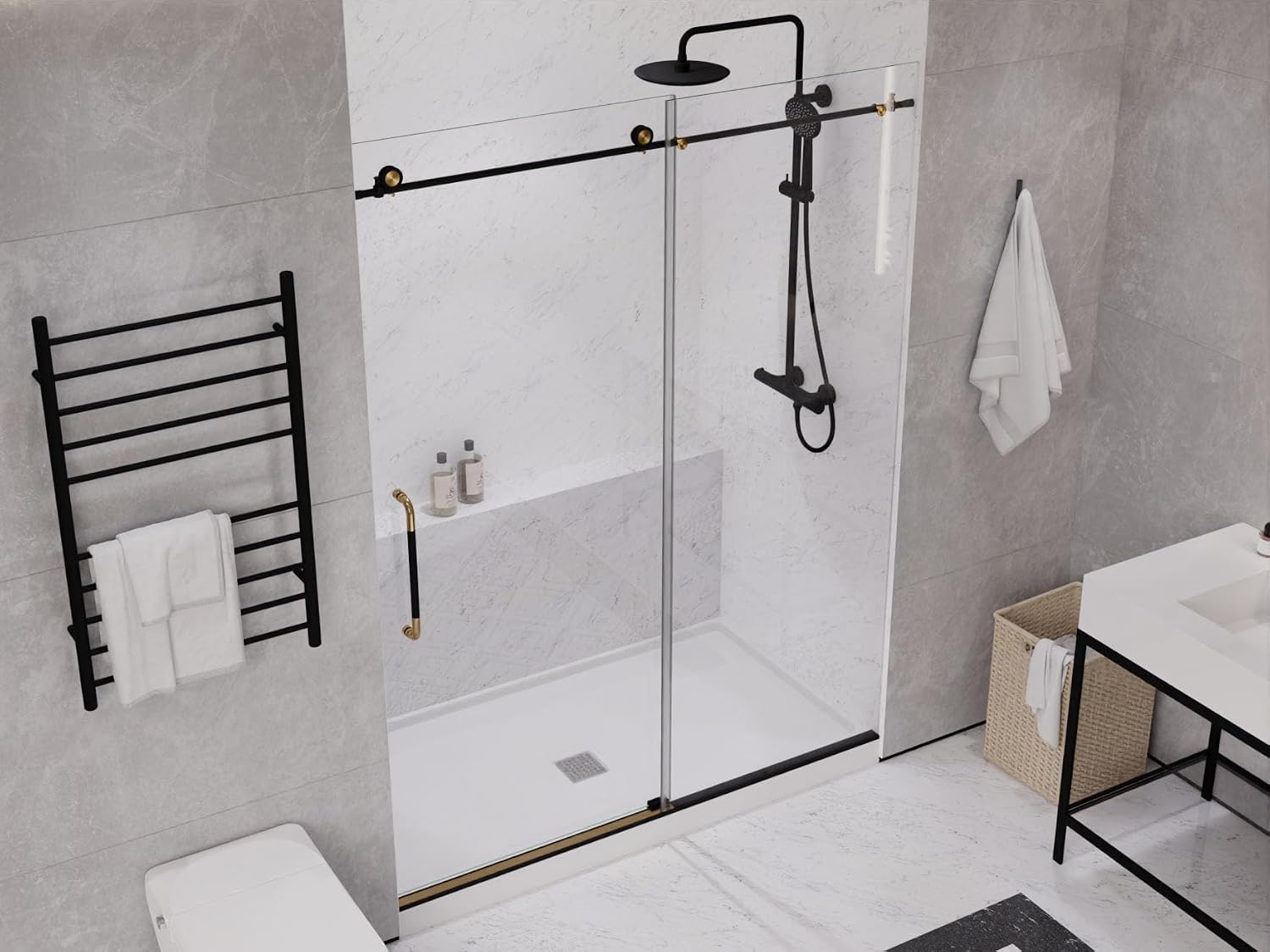 ANZZI Frameless Shower Door 76' x 60' Frameless Shower Door with Sliding - Matte Black and Brushed Gold - Madam Series