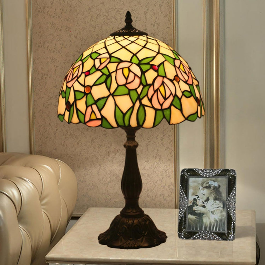 Tiffany Style 12 Inch Pastoral Stained Glass Table Lamp Green Leaves Tulip Rose Lamp Shade for Bedroom Bedside Living Room Restaurant,Light Pink