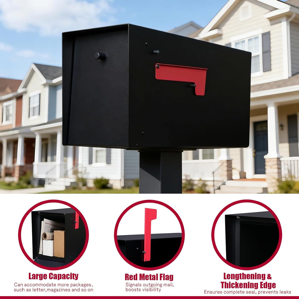 Large Mailboxes for Outside Post Mount Mailbox, Metal Mail Box with Magnetic Latch, Galvanized Steel Modern Mailbox for House Outside, 20.9 x 7.9 x 10 Inches, Black