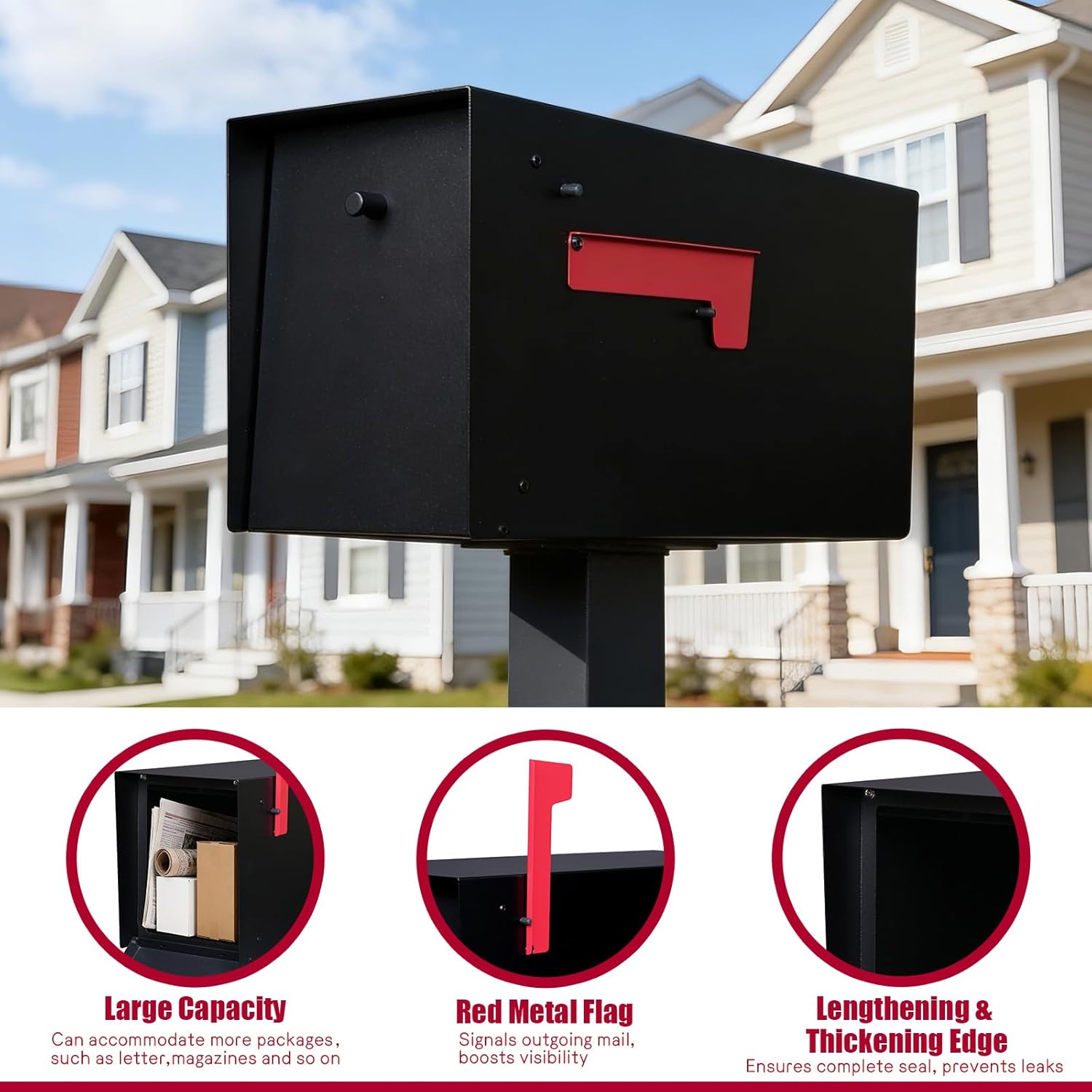 Large Mailboxes for Outside Post Mount Mailbox, Metal Mail Box with Magnetic Latch, Galvanized Steel Modern Mailbox for House Outside, 20.9 x 7.9 x 10 Inches, Black