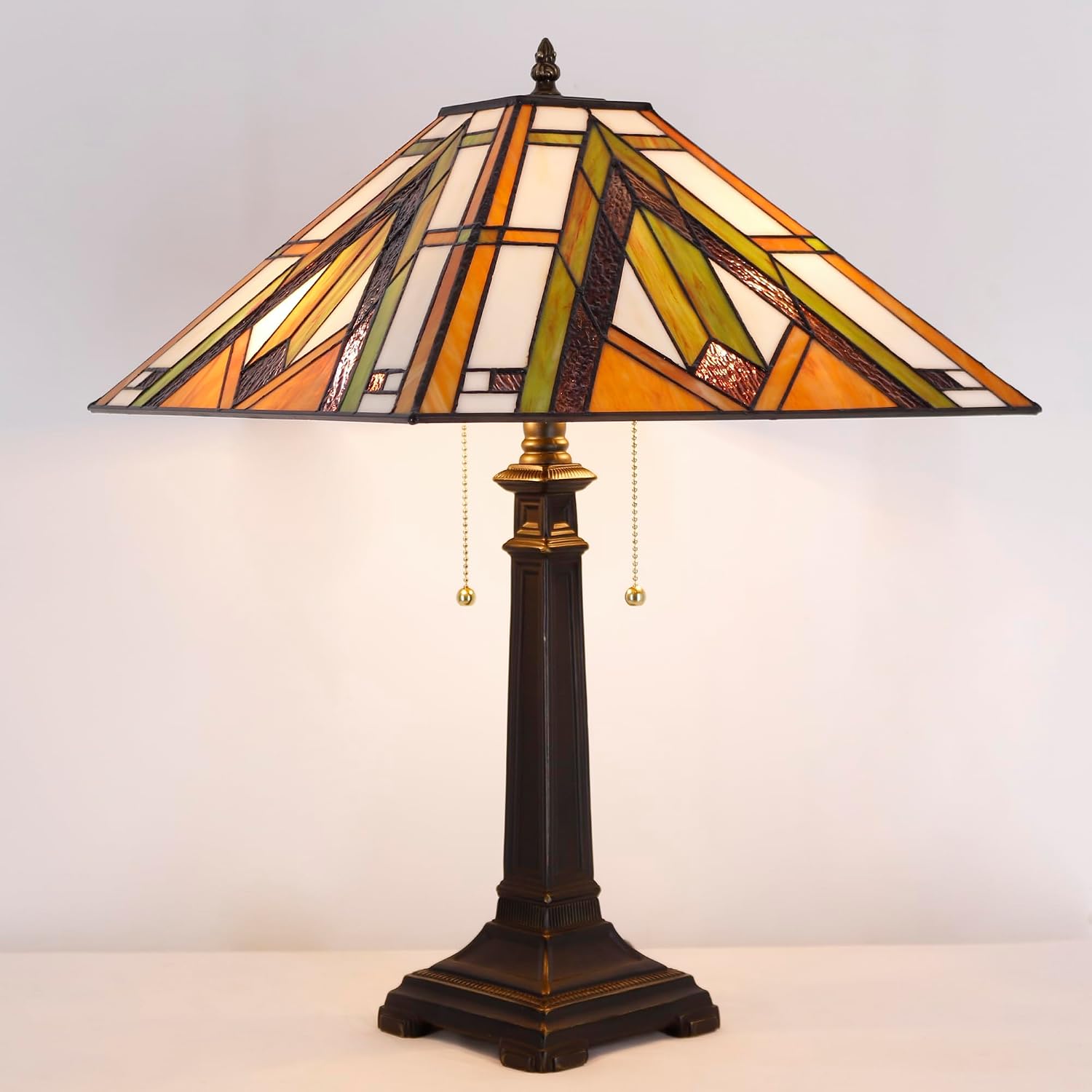 Tiffany Table Lamp Bronze Mission Style Stained Glass 16X16X23 Inches Desk Reading Light for Bedrooms Living Room Study Home Office