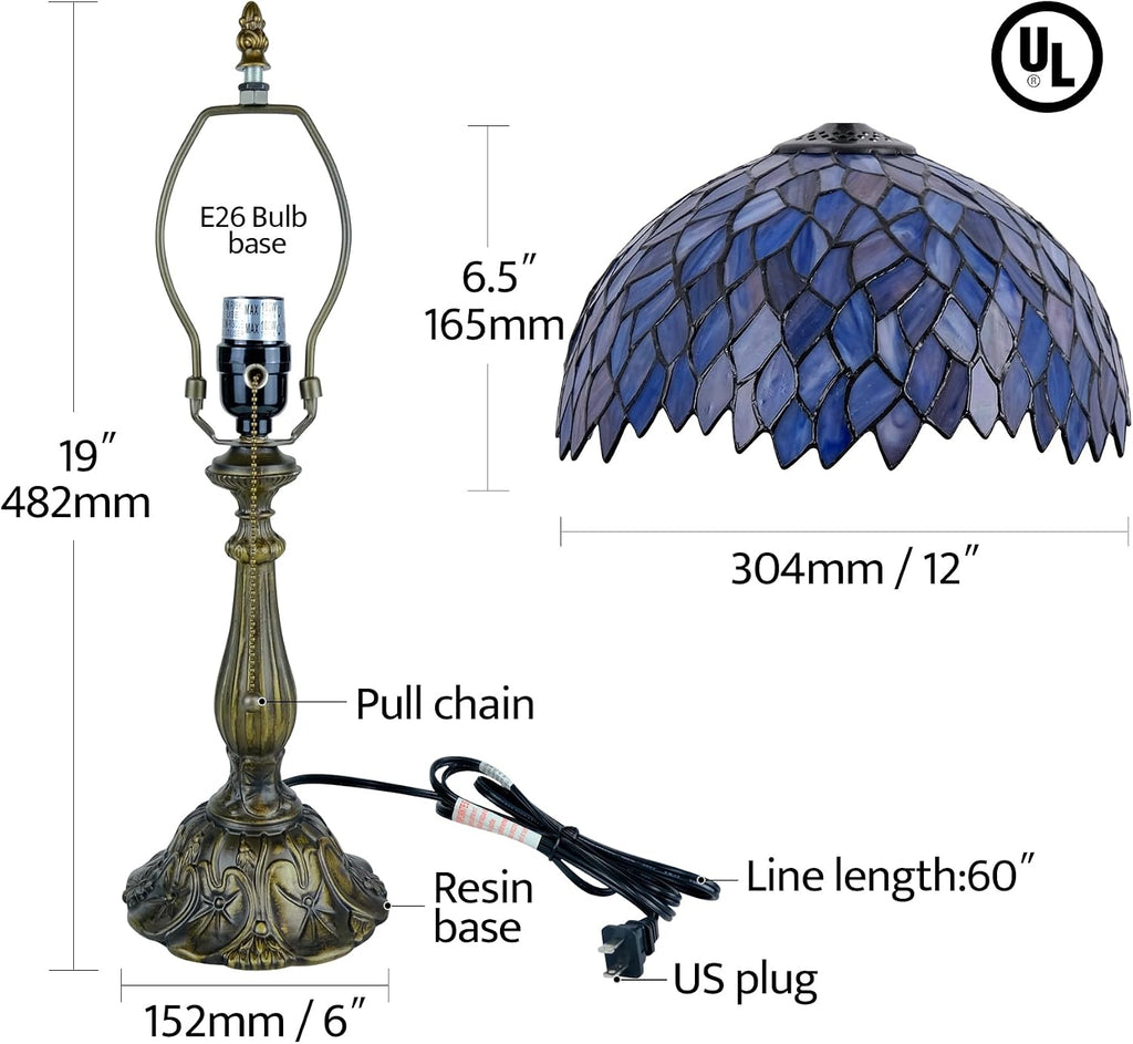 Tiffany Style Table Lamp Vintage Stained Glass Desk Lamp Deep Blue Purple Wisteria Bedside Reading Light Decor Bedroom Living Room Home Office D12 xH18