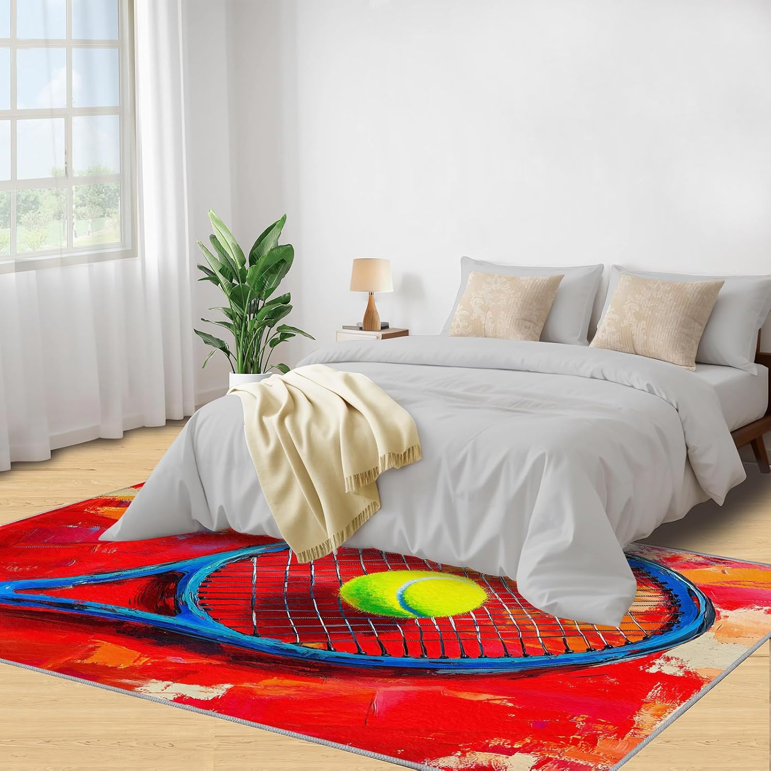 5x7 Tennis Racket Rugs for Bedroom - Sports Equipment Print Rug, Pop Art Rug Non Slip Soft Rugs for Living Room Hardwood Floors Teen Room