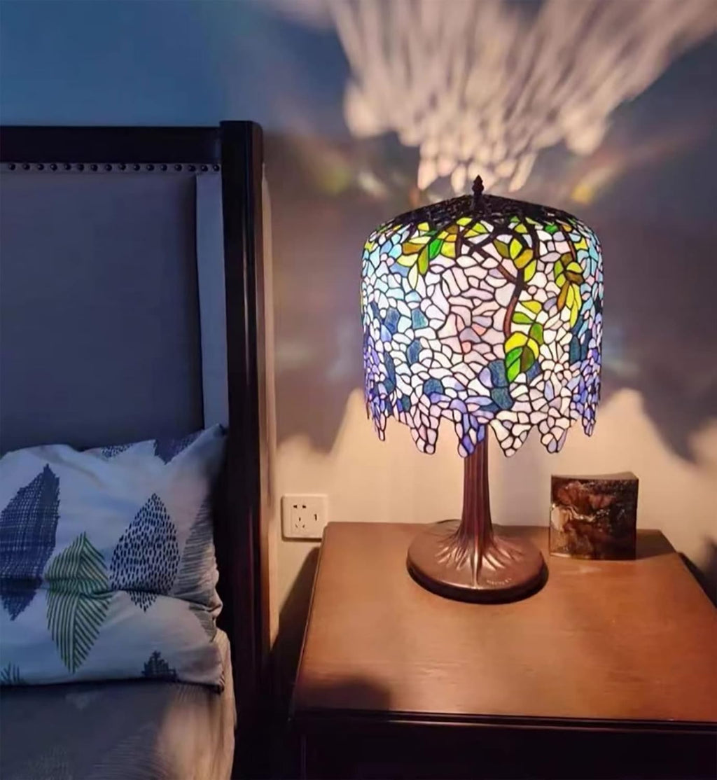 Wisteria Lamp, Tiffany Style Green Pink Stained Glass Table Lamp, Green Leaves Shade Bedroom Bedside Lamp, Living Room Office Table Decoration Lamp with Pull Cord Switch