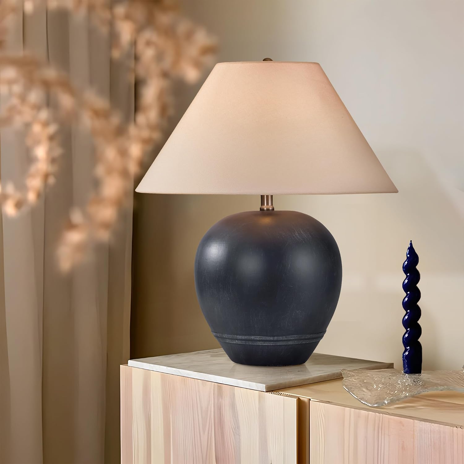 Pia Ricco 21'' Medium Size Black Glossy Ceramic Base Ceramic Basin Table Lamp Set of 2 for Bedroom, Living Room, Dining Room, Office, White Shade,Black Base