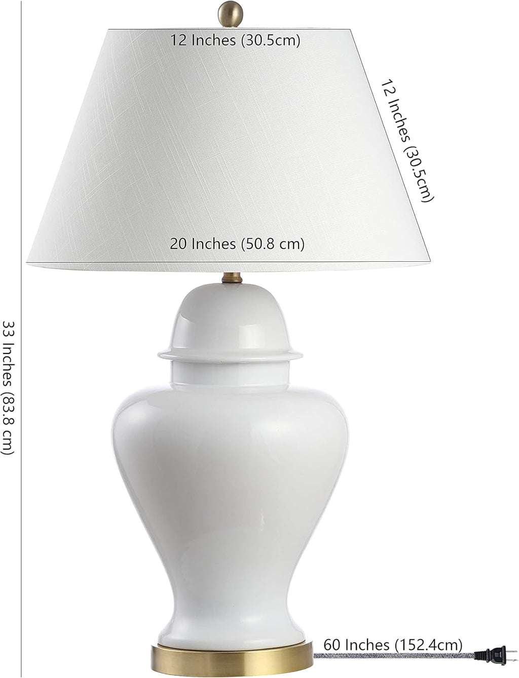 JONATHAN Y 33' White Modern Ceramic Ginger Jar Table Lamp for Living Room, Traditional Bedside Lamp for Bedroom Entryway, White Linen Shade, LED Bulb Included (JYL6619A)