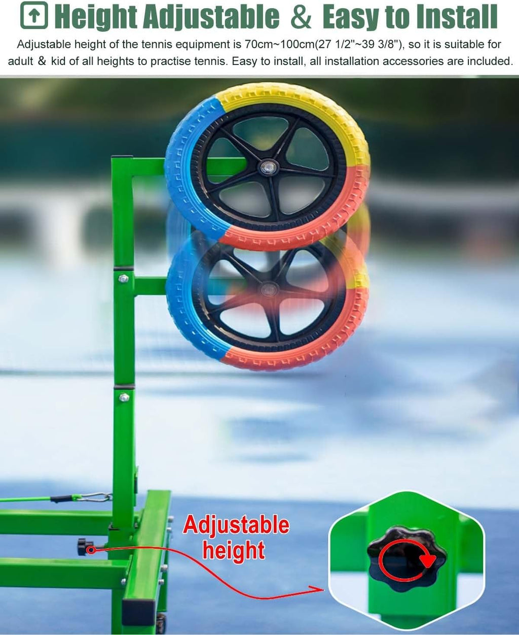 Heavy Duty Tennis Topspin Trainer for Kids, Beginner Tennis Trainer with 4 Wheels, Adjustable Height Training Equipment