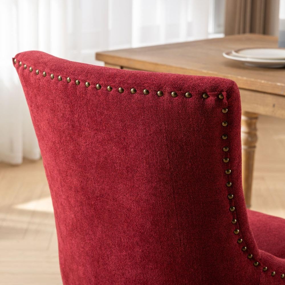 Dining Chairs Set of 2, Thickened Fabric Upholstered Chair with Neutral Solid Wood Legs & Bronze Nailhead Trim, Comfortable Accent Chairs for Dining Room/Kitchen/Living Space(Burgundy + Fabric)
