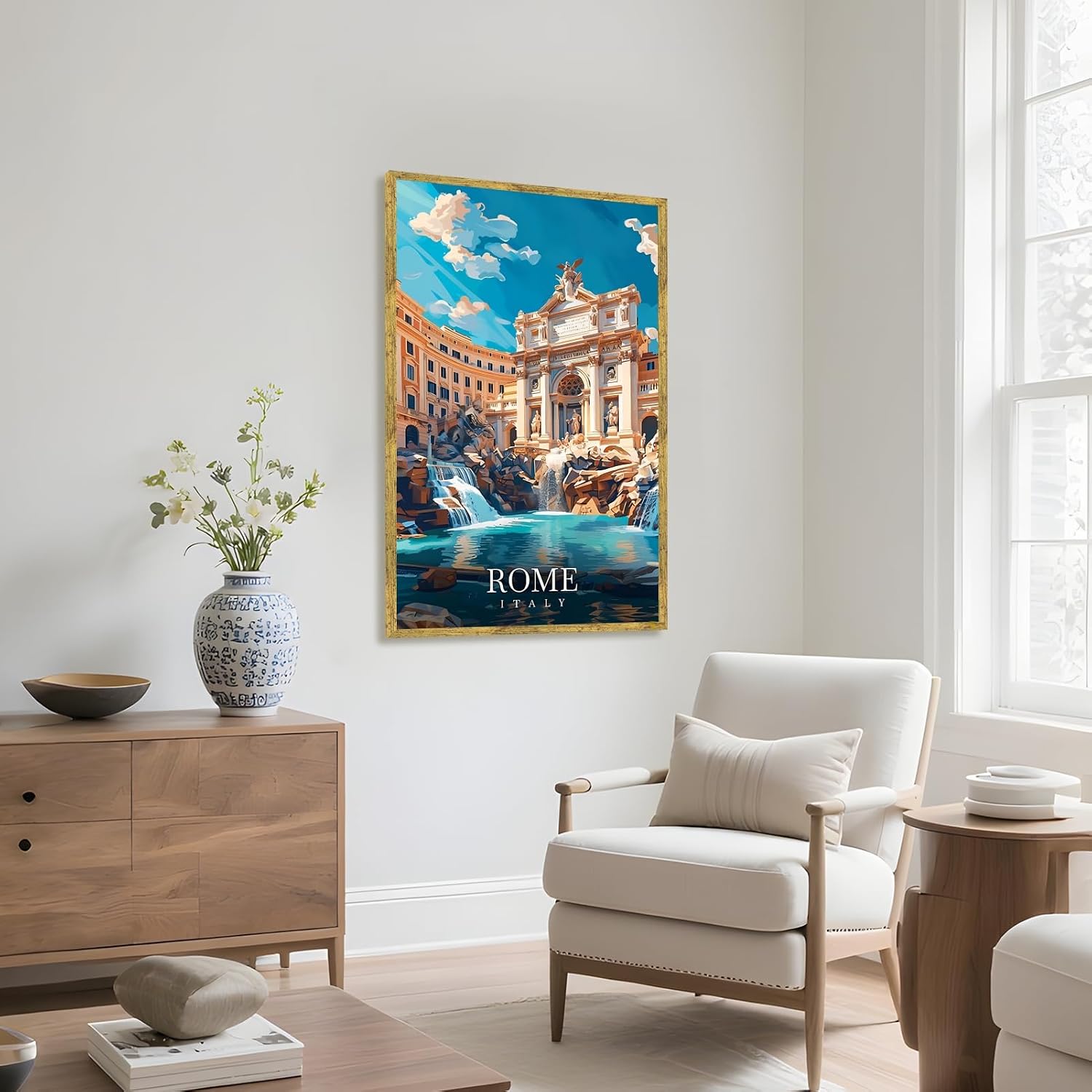 Framed Rome Italy Vintage Travel Posters Trevi Fountain Wall Art Canvas Print Cityscape Painting Artwork European Architecture Picture Wall Decor for Living Room Bedroom Home Office 24x36inch