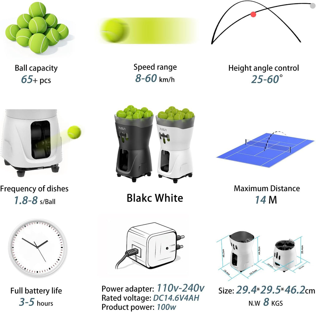 PT-MINI PRO-【Portable & Smart Tennis Ball Machine】 Perfect for Beginner Training | 65+ Ball Capacity | 3-5 Hours Battery Life | Speed 8-60km/h | Fixed Toss | Controlled via Mobile App
