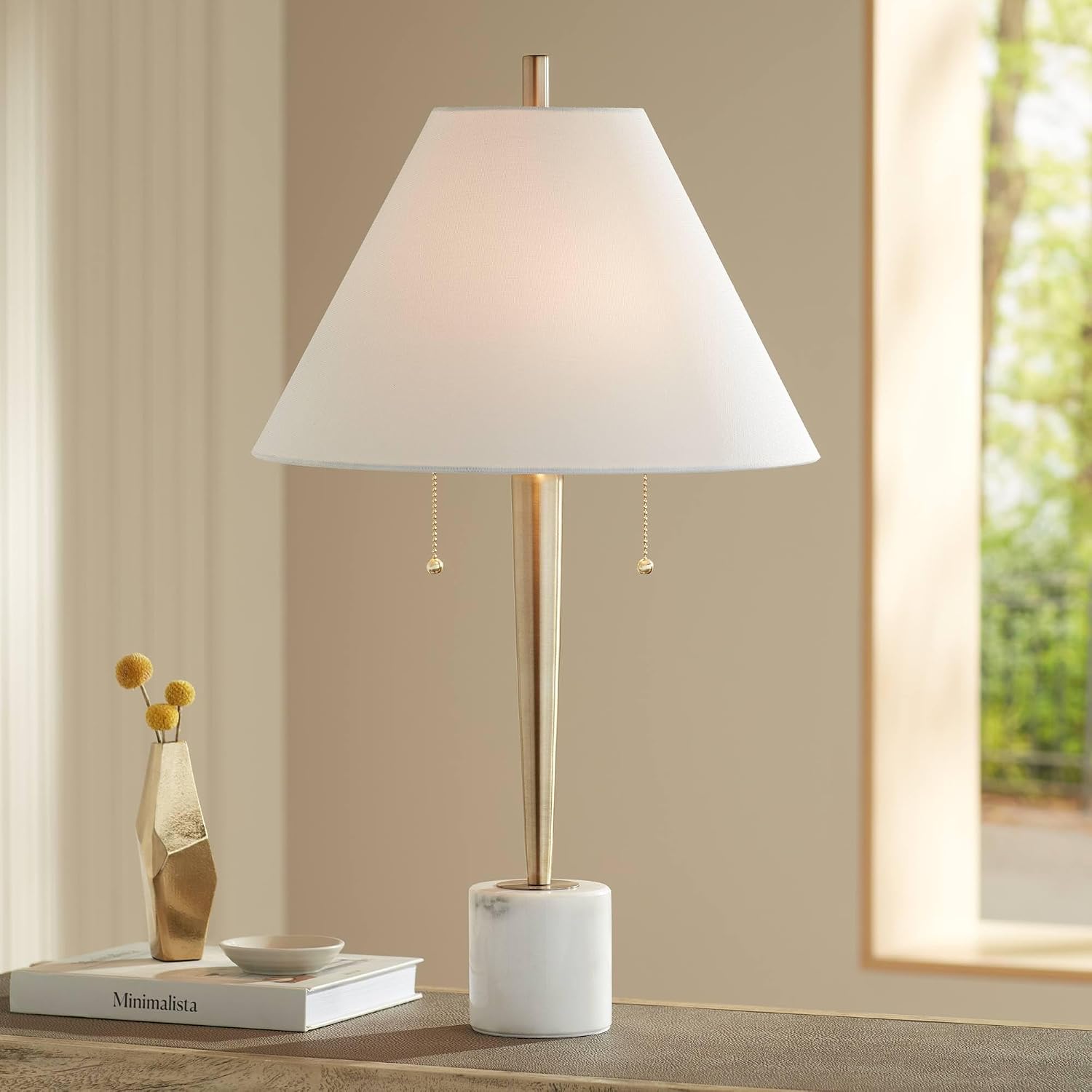 Possini Euro Design Brandi 27 1/2' Tall Modern Glam Luxury Table Lamp Pull Chain Gold Brass Finish Metal Marble Single White Shade Living Room Bedroom Bedside Nightstand House Office Home Reading