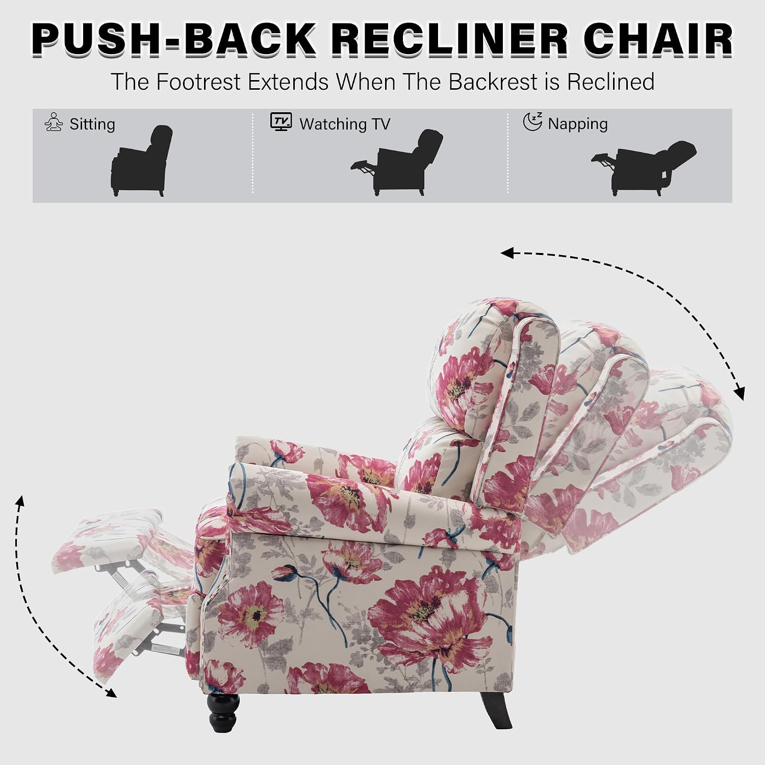 Floral Pushback Recliner Chairs Set of 2, Fabric Overstuffed Armchair Push Back Accent Chair for Living Room, Rivet Trim Club Chair Home Theater Single Sofa Bedroom Reading Seat