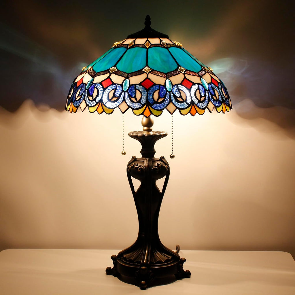 Tiffany Lamp(2 Lights) Stained Glass Table Lamp Bedside Desk Reading Light 16X16X24 Inch Decor Bedroom Living Room Home Office (Blue Baroque)