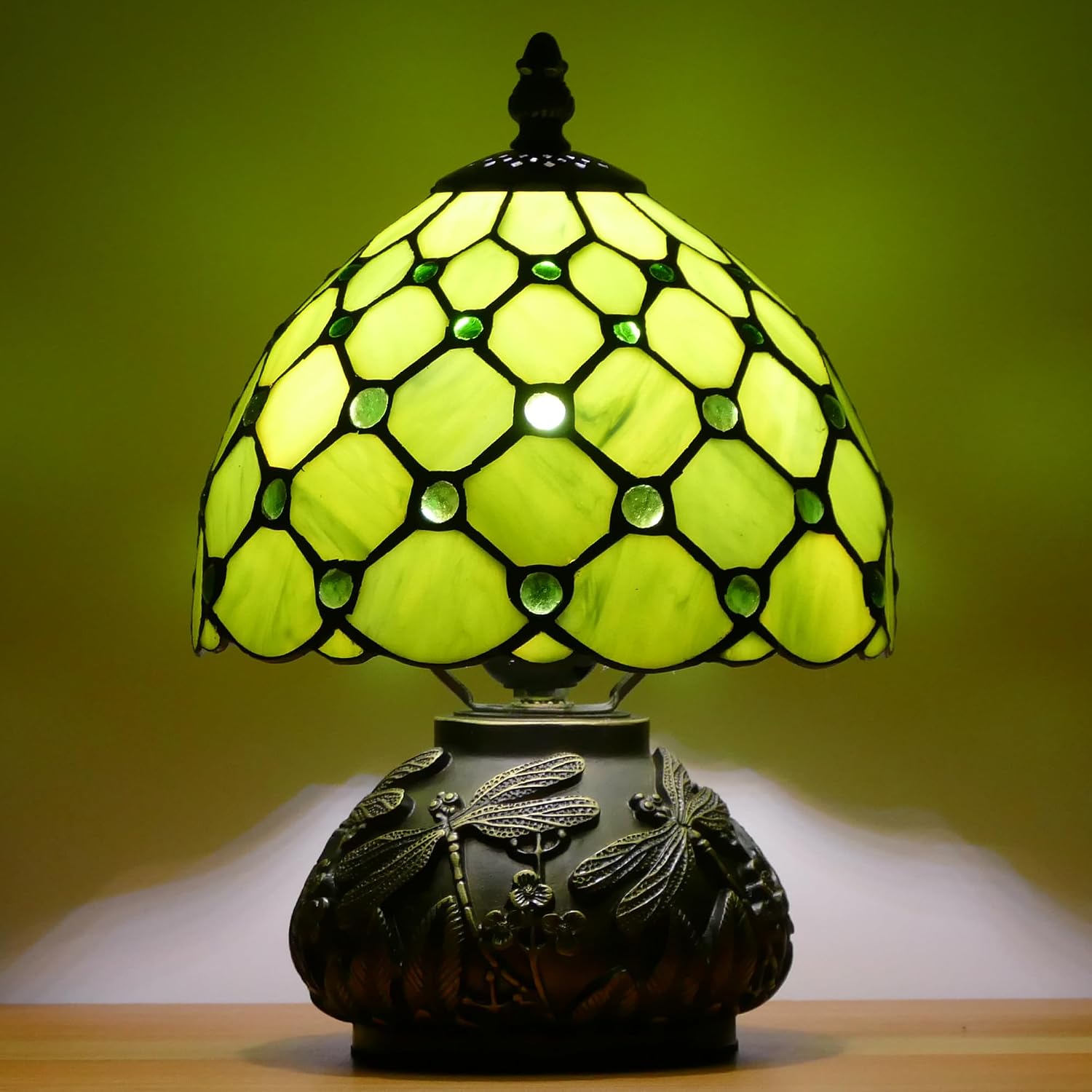 Small Tiffany Lamp Mini Stained Glass Table Lamp Green Yellow Pearl Style Mushroom Accent Lamp 8X11 Inch