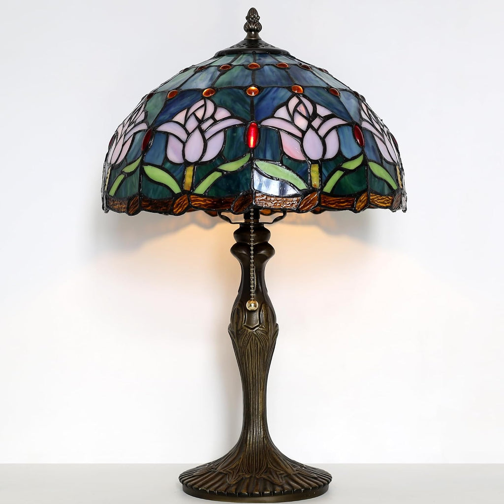 Tiffany Lamp Stained Glass Table Lamp 12' x 19' Pink Tulip Style Decorative Lamp Bedside Reading Lamp for Desk Living Room Bedroom Office Study Light Home Decor Gift