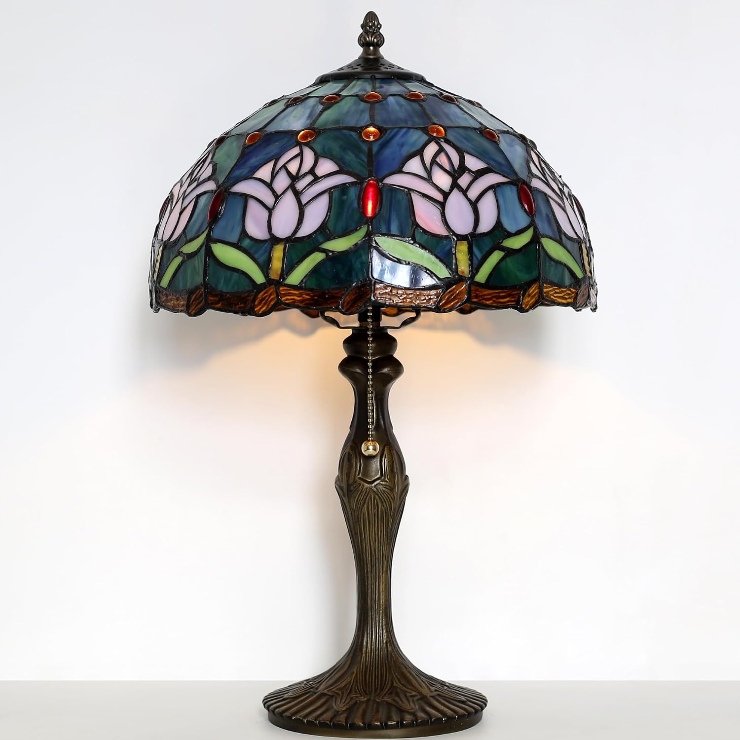 Tiffany Lamp Stained Glass Table Lamp 12' x 19' Pink Tulip Style Decorative Lamp Bedside Reading Lamp for Desk Living Room Bedroom Office Study Light Home Decor Gift