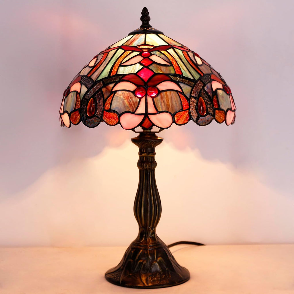 WERFACTORY Tiffany Lamp Blue Pink Stained Glass Table Lamp Reading Light 12X12X18 Inches Decor Bedroom Living Room Home Office S830B Series