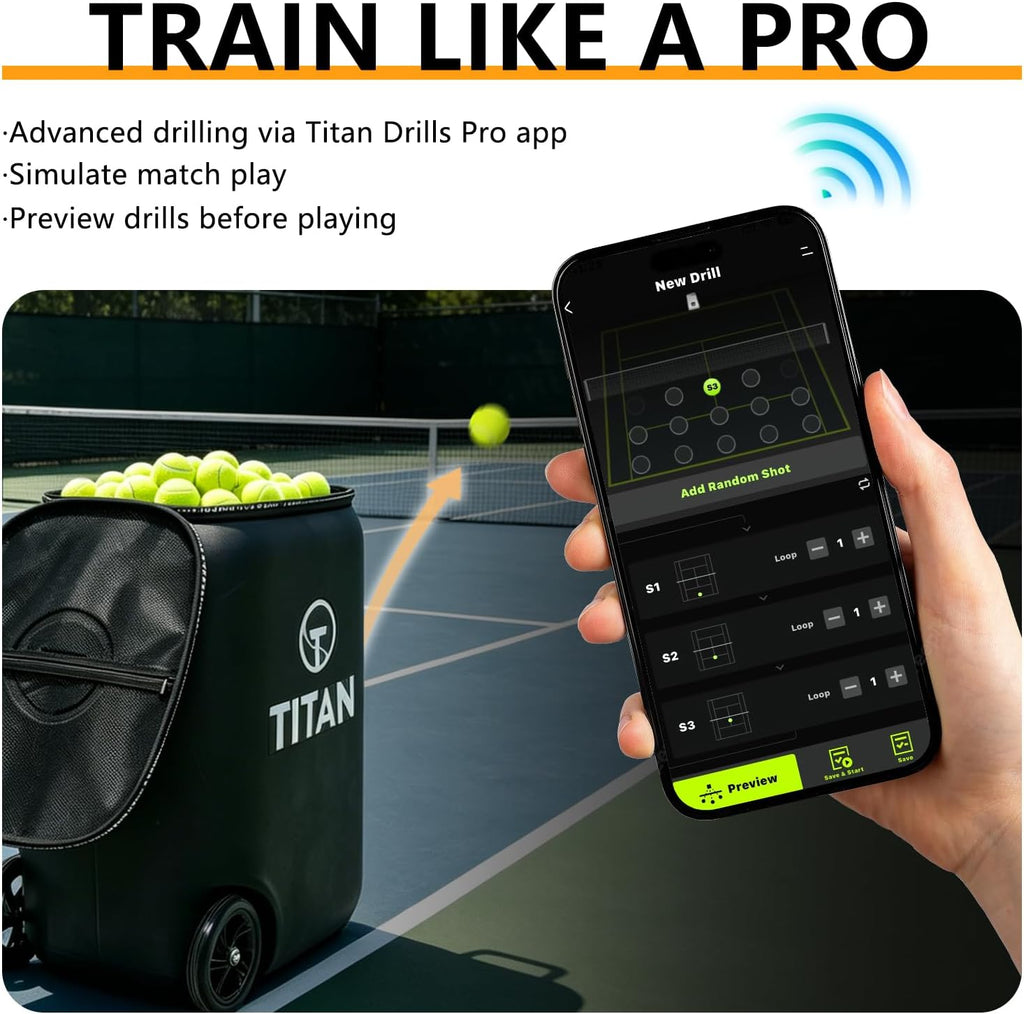 Titan ONE Tennis Ball Machine with 130-Ball Capacity & Internal Oscillation | Remote Control via Free App, 80 MPH Speed, Portable with Trolley Handle & Wheels