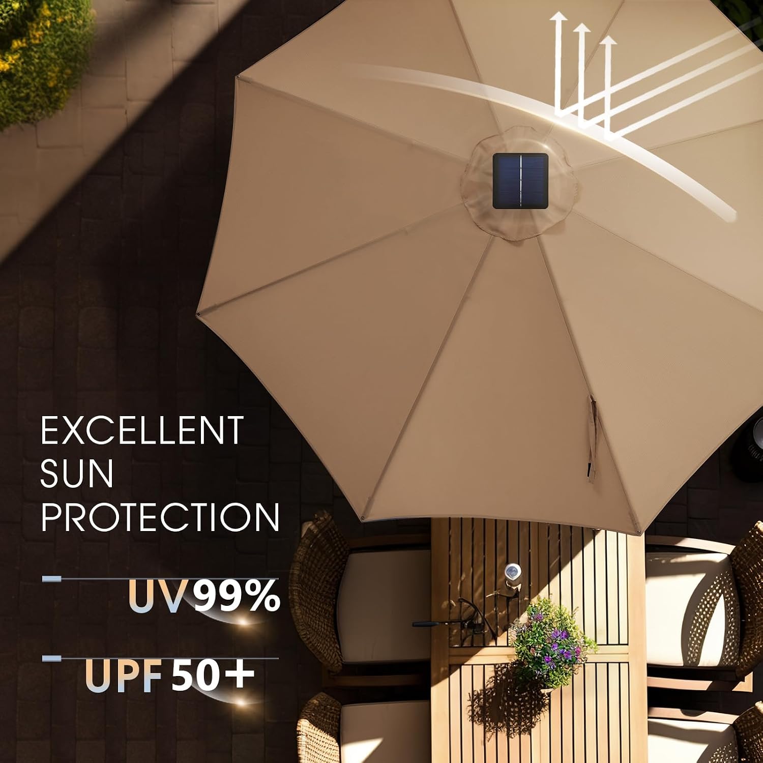 wikiwiki 11FT Solar Led Patio Umbrella with Base Included, 32 LED Lights, 8 Sturdy Ribs, Fade Resistant Waterproof POLYESTER DTY Canopy for Garden, Lawn, Deck, Backyard & Pool, Tan