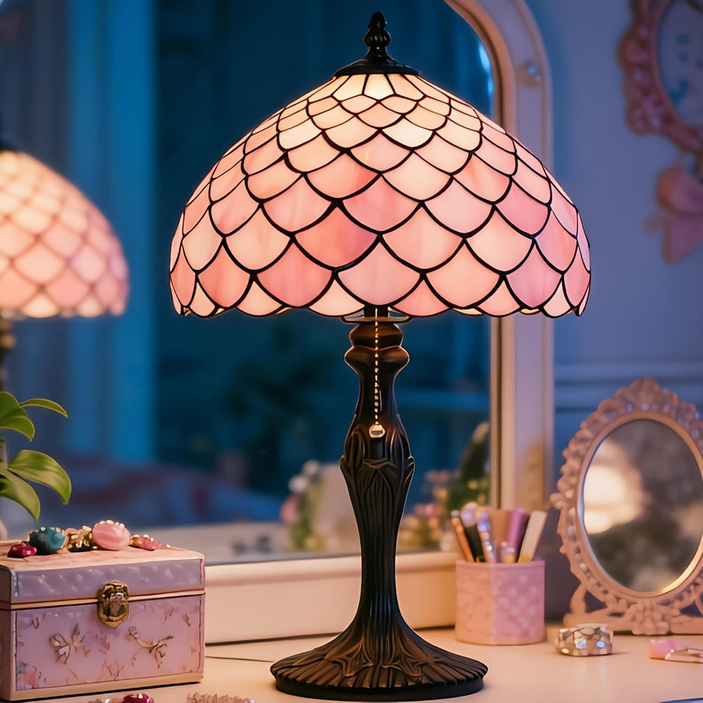 Tiffany Lamp Stained Glass Table Lamp 12' x 19' Pink Fish Scales Style Decorative Lamp Bedside Reading Lamp for Desk Living Room Bedroom Office Study Light Home Decor Gift