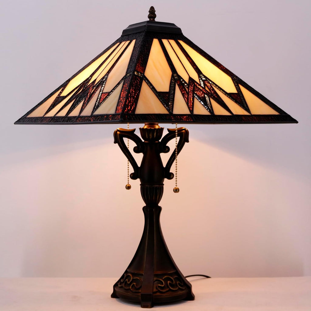 Tiffany Table Lamp Stained Glass Cream Amber Square Geometric Mission Style Desk Reading Light 16X16X24 Inch for Bedroom Living Room Home Office