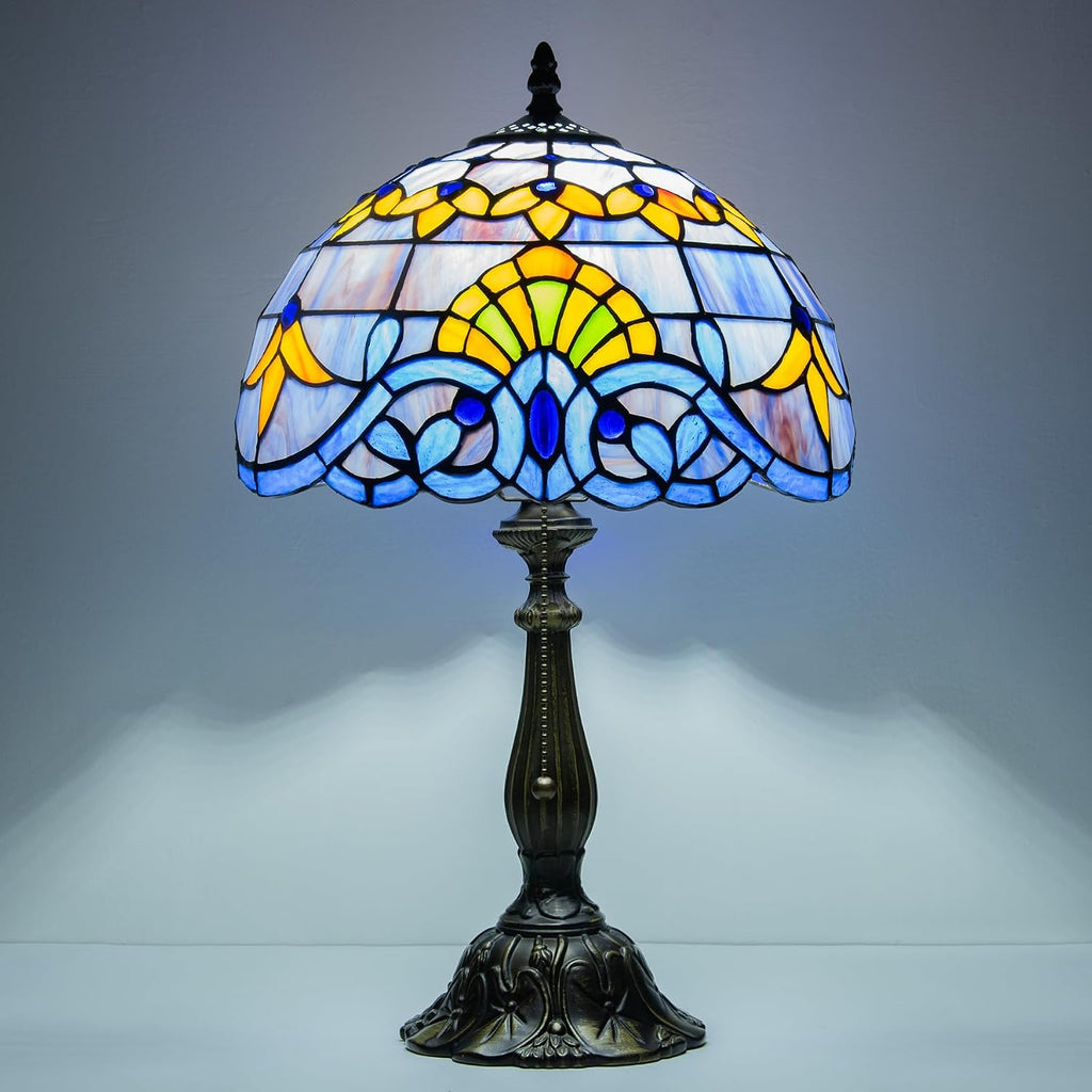 Tiffany Style Table Lamp, 12 Inch Stained Glass Bedside Lamp with Blue Baroque Design Vintage Handcrafted Nightstand Lamp for Reading Living Room Bedroom Office