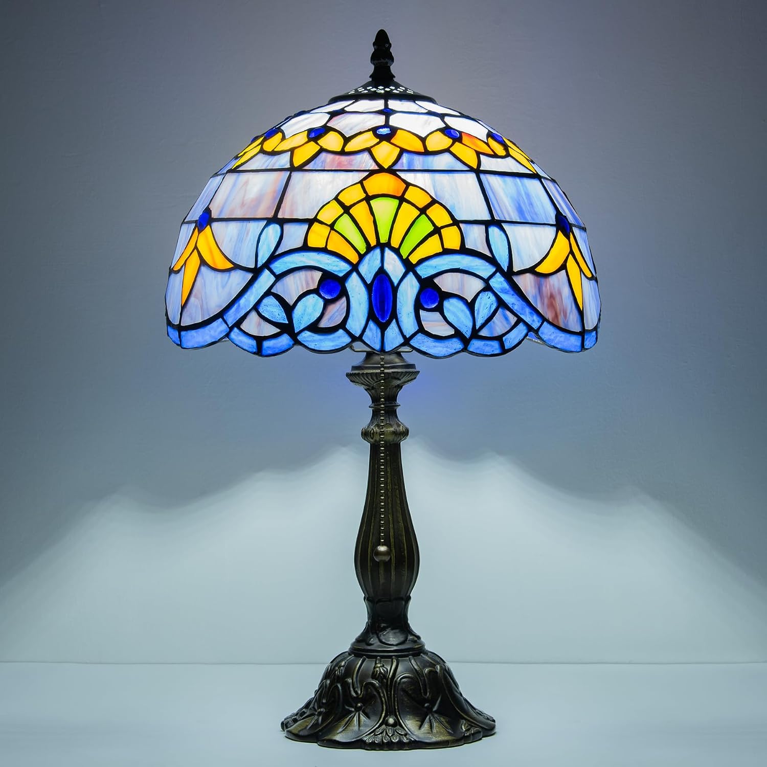 Tiffany Style Table Lamp, 12 Inch Stained Glass Bedside Lamp with Blue Baroque Design Vintage Handcrafted Nightstand Lamp for Reading Living Room Bedroom Office