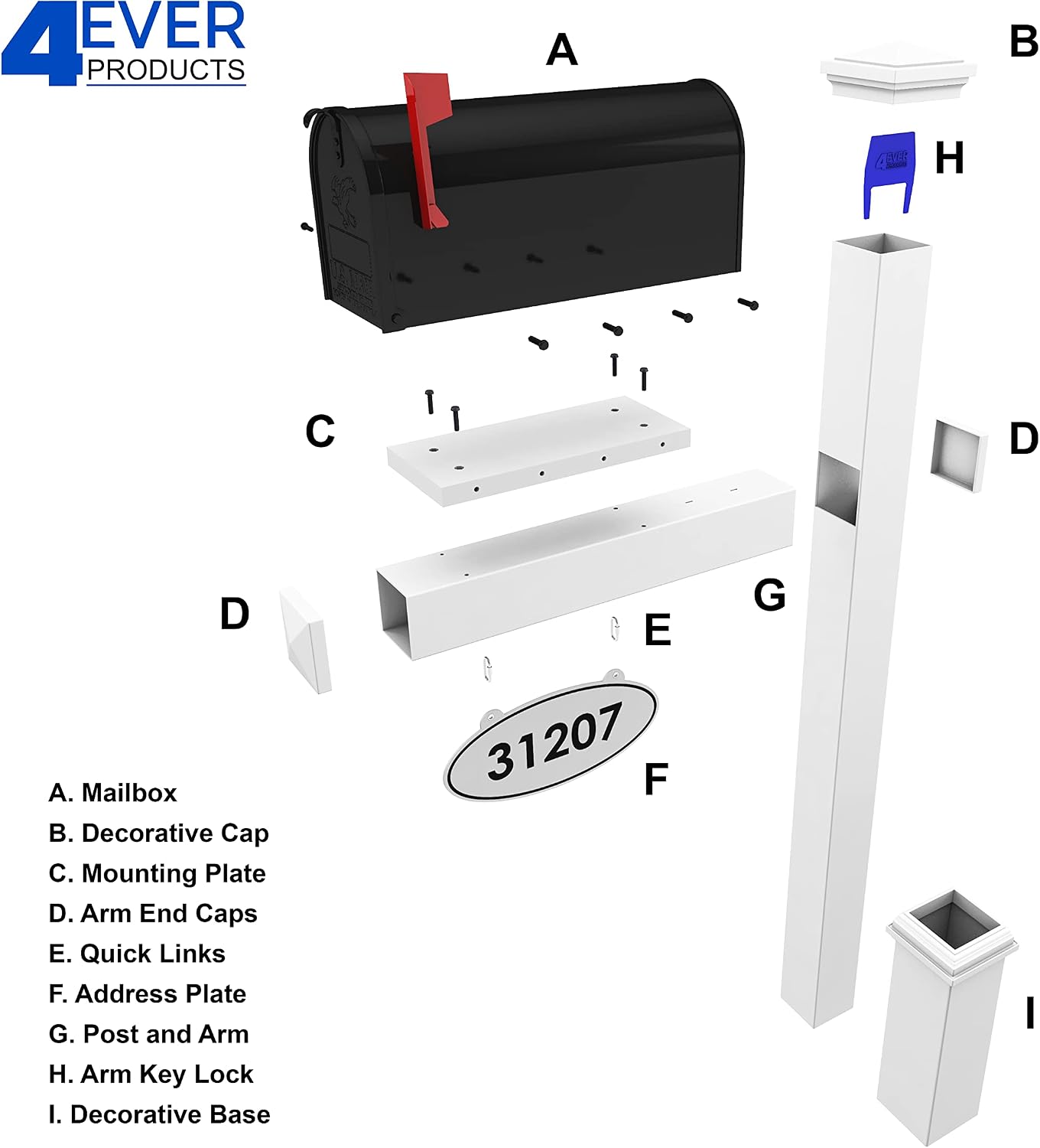4Ever Products The Providence Vinyl Mailbox Post System - Includes Black Steel Mailbox and Custom Street Address