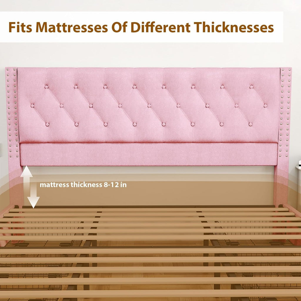 Brrnoo Metal Support King Bed Frame, Velvet Fabric Upholstered Headboard with Rivet Design, 4 Drawers, Easy Assembly for Home (Pink)
