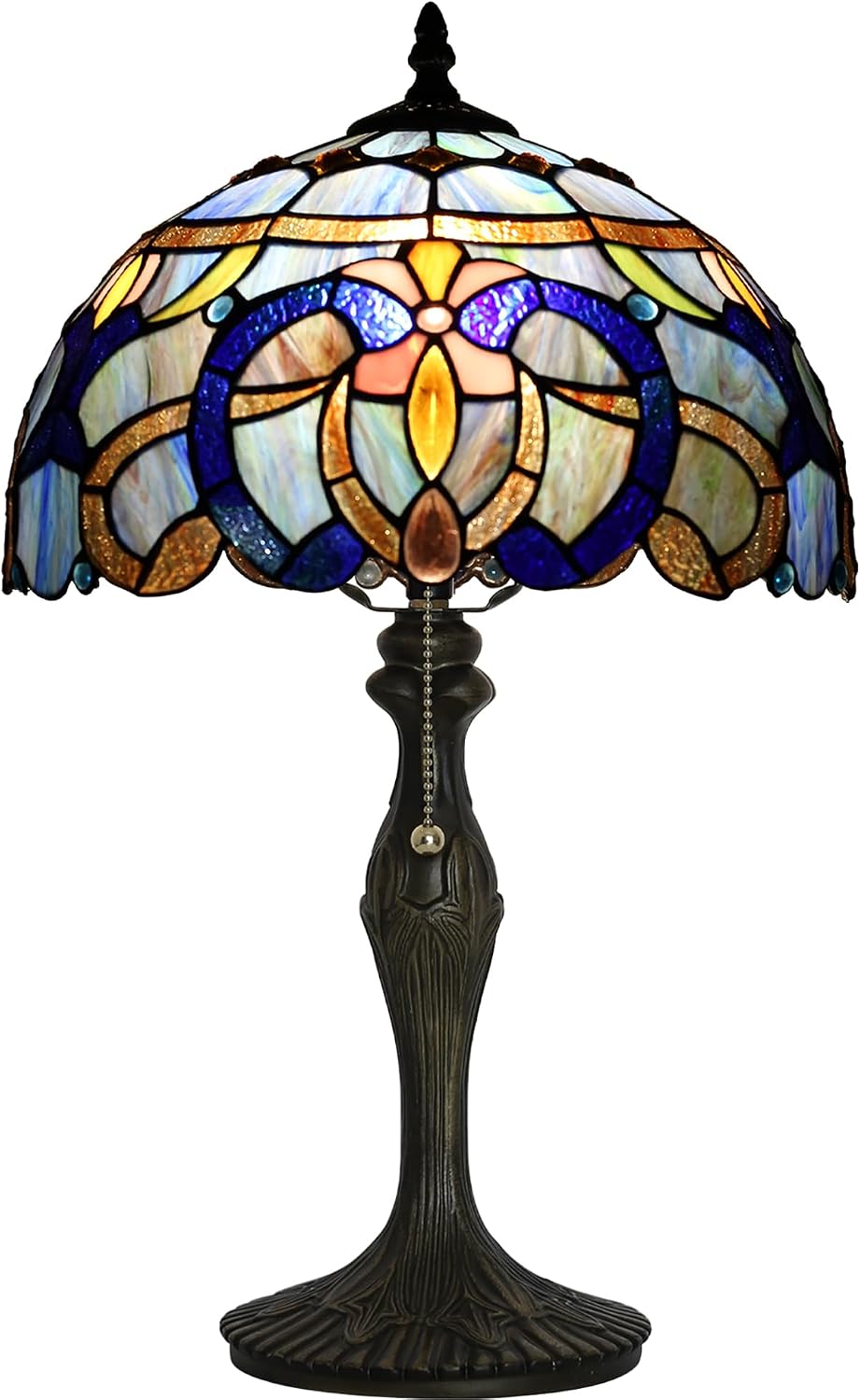 Tiffany Lamp Stained Glass Table Lamp 12' x 19' Blue Baroque Style Decorative Lamp Bedside Reading Lamp for Desk Living Room Bedroom Office Study Light Home Decor Gift