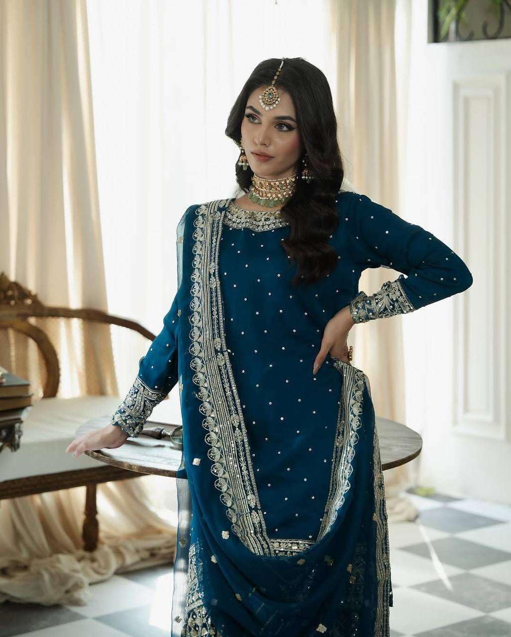 KRIYANSH CRAFT Women's Faux Georgette Embroidered Straight Kurta with Sharara & Dupatta Set with Rivet Moti Work