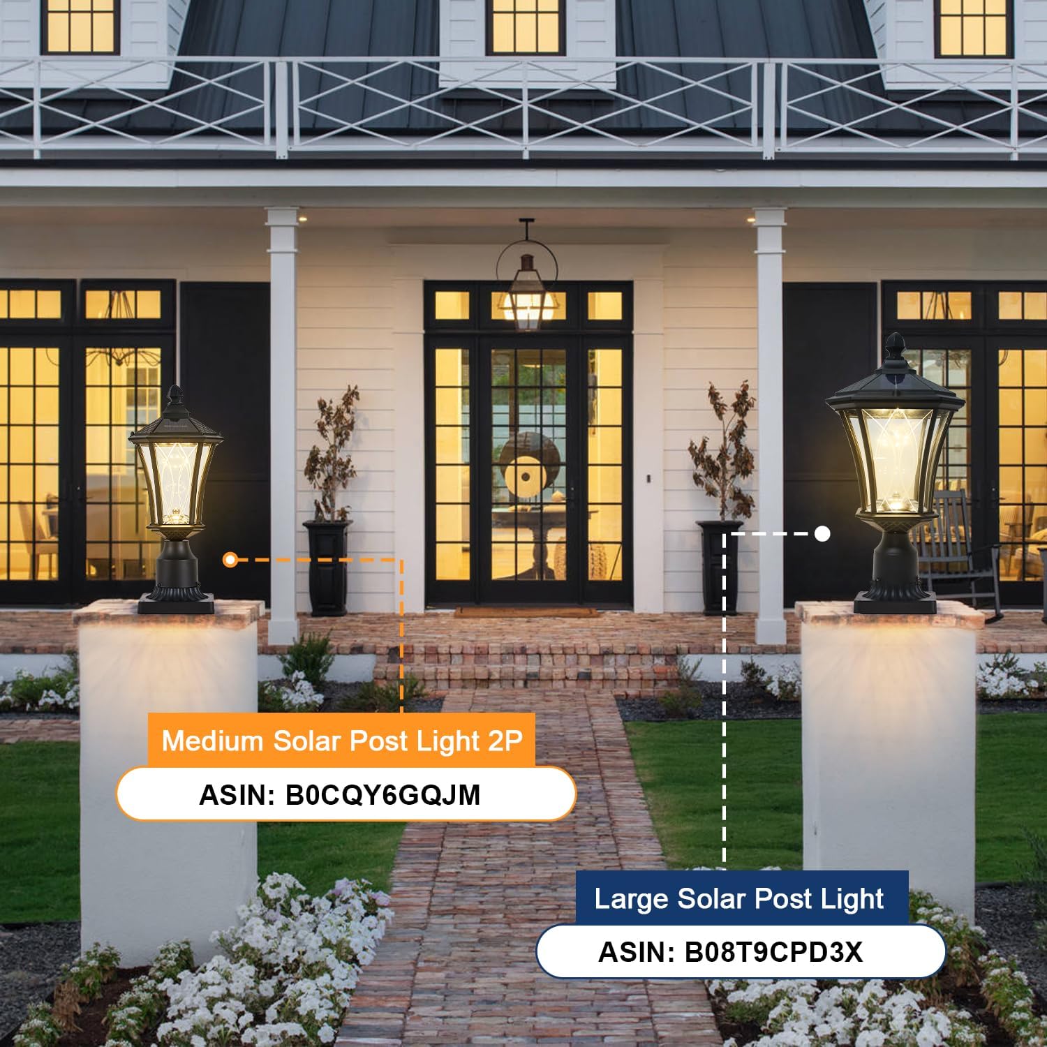2 Pack Solar Post Lights with Pier Mount Base with Dusk to Dawn Sensor, Outdoor Pillar Lights with Toggle Switch Control, Waterproof Exterior Pole Lamps Head for Driveway, Patio, Garden, Black