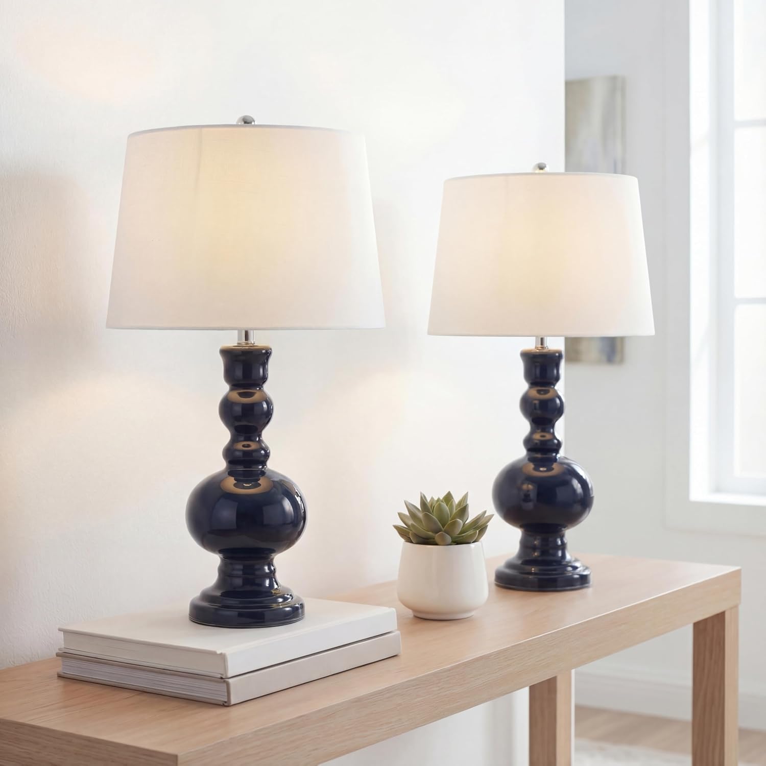 JONATHAN Y 28.5' Navy Glass Table Lamp Set of 2 for Living Room Bedroom Decor, Modern Bedside Lamps with White Linen Shade, LED Bulbs Included (JYL1061E-SET2)