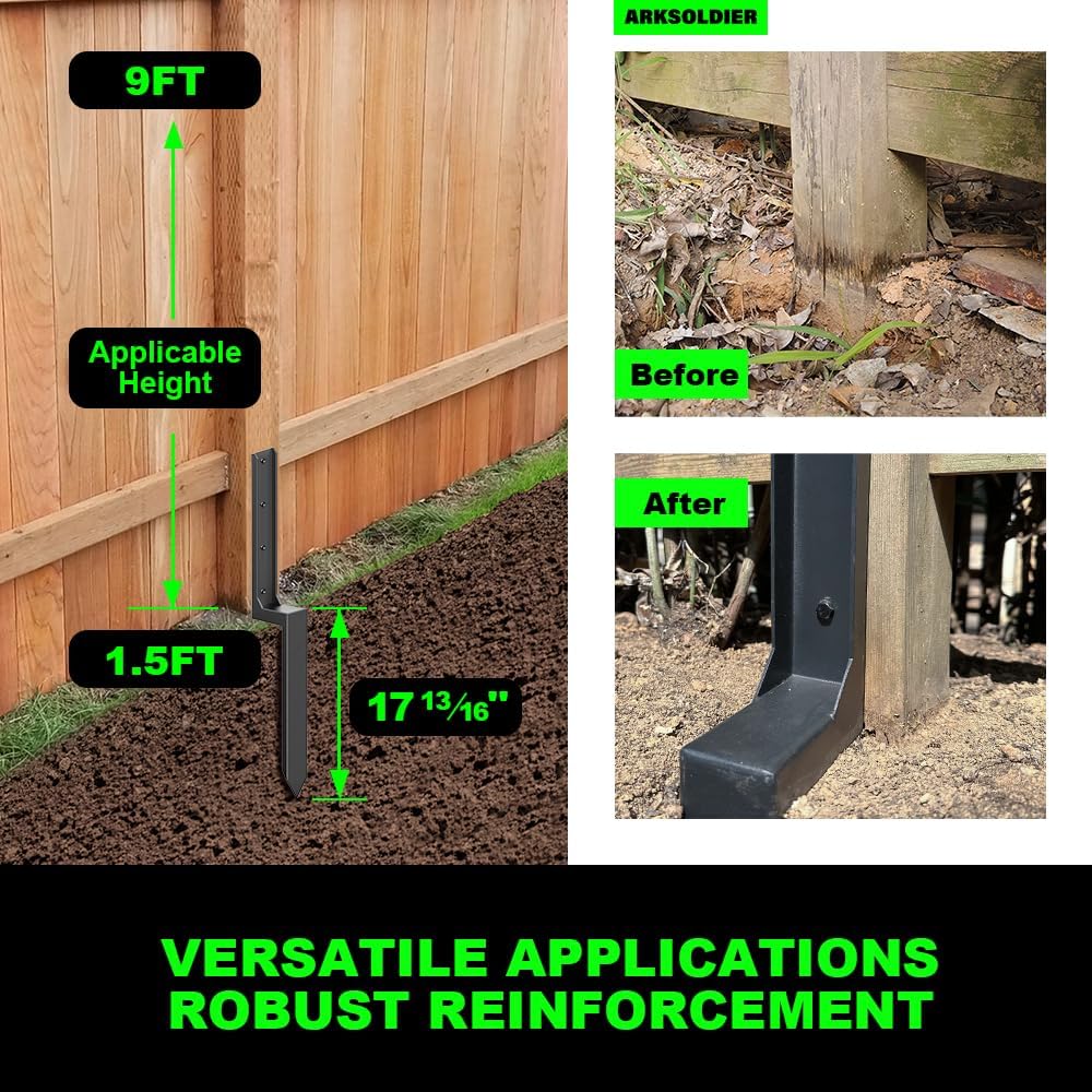 Fence Post Repair Kit - Quick Fix Broken/Leaning 4x4/6x6 Wood Posts Support with Heavy-Duty Steel Anchors & Stakes (Thickened 11-Gauge, 6-Pack)