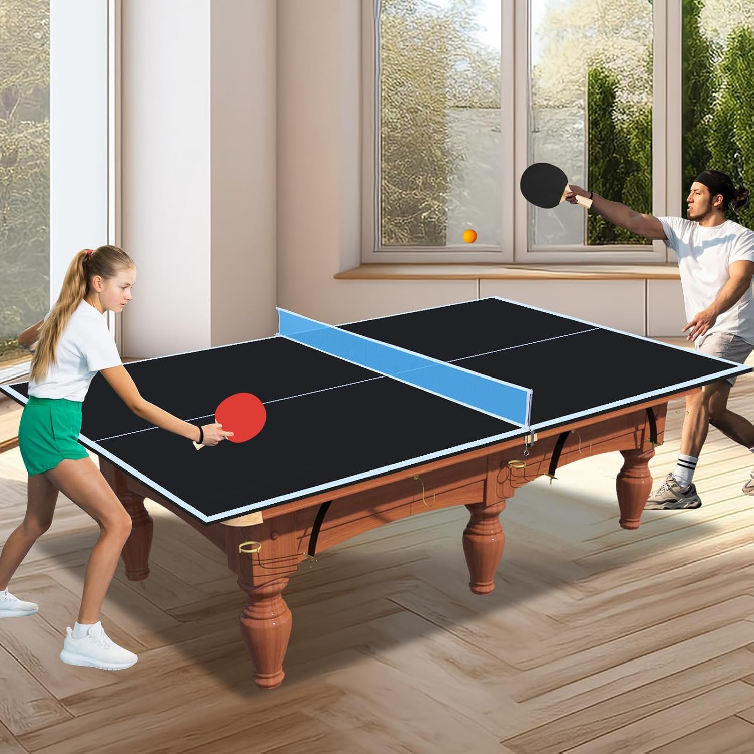 7/8/9Ft Mid-Size Ping Pong Conversion Top, Foldable & Portable Table Tennis Table Top with Net, No Assembly Needed, Indoor/Outdoor Table Tennis Surface