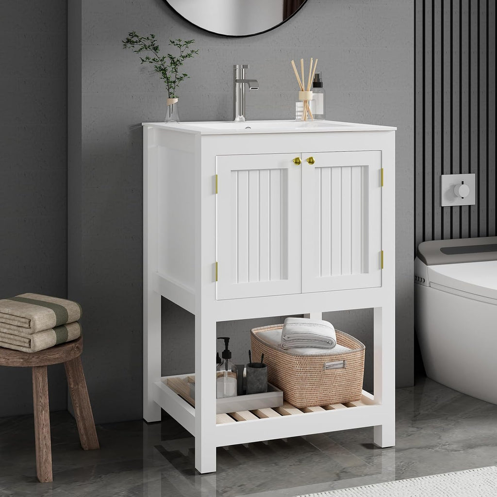 24 Inch Small Bathroom Vanity with Sink, Modern Bathroom Sink Cabinet with Open Shelf, Ceramic Basin, White