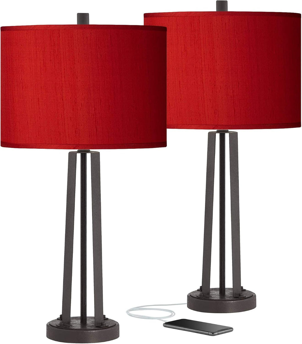 Possini Euro Design Modern Table Lamps 25 1/2' Tall Set of 2 with USB Charging Port Dark Bronze Metal Red Faux Silk Drum Shade for Bedroom Living Room House Desk Bedside Nightstand Office Family