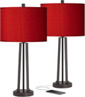 Possini Euro Design Modern Table Lamps 25 1/2' Tall Set of 2 with USB Charging Port Dark Bronze Metal Red Faux Silk Drum Shade for Bedroom Living Room House Desk Bedside Nightstand Office Family