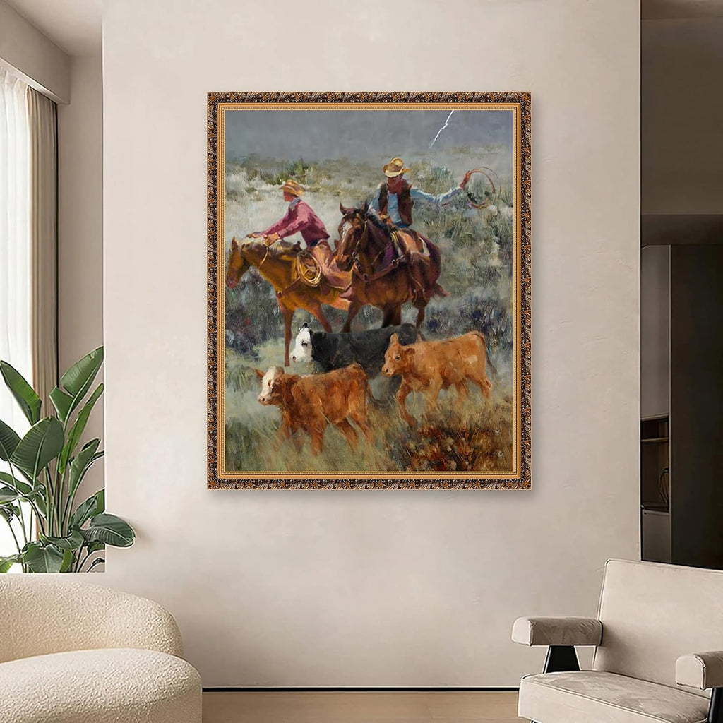 Toperfect 30 Original Western Paintings Cowboy Artworks, Modern Cowheard Wall Art American West, Southern Native Room decor, Handmade Cattle Cow Bull Wall Paintings by College Teachers 1