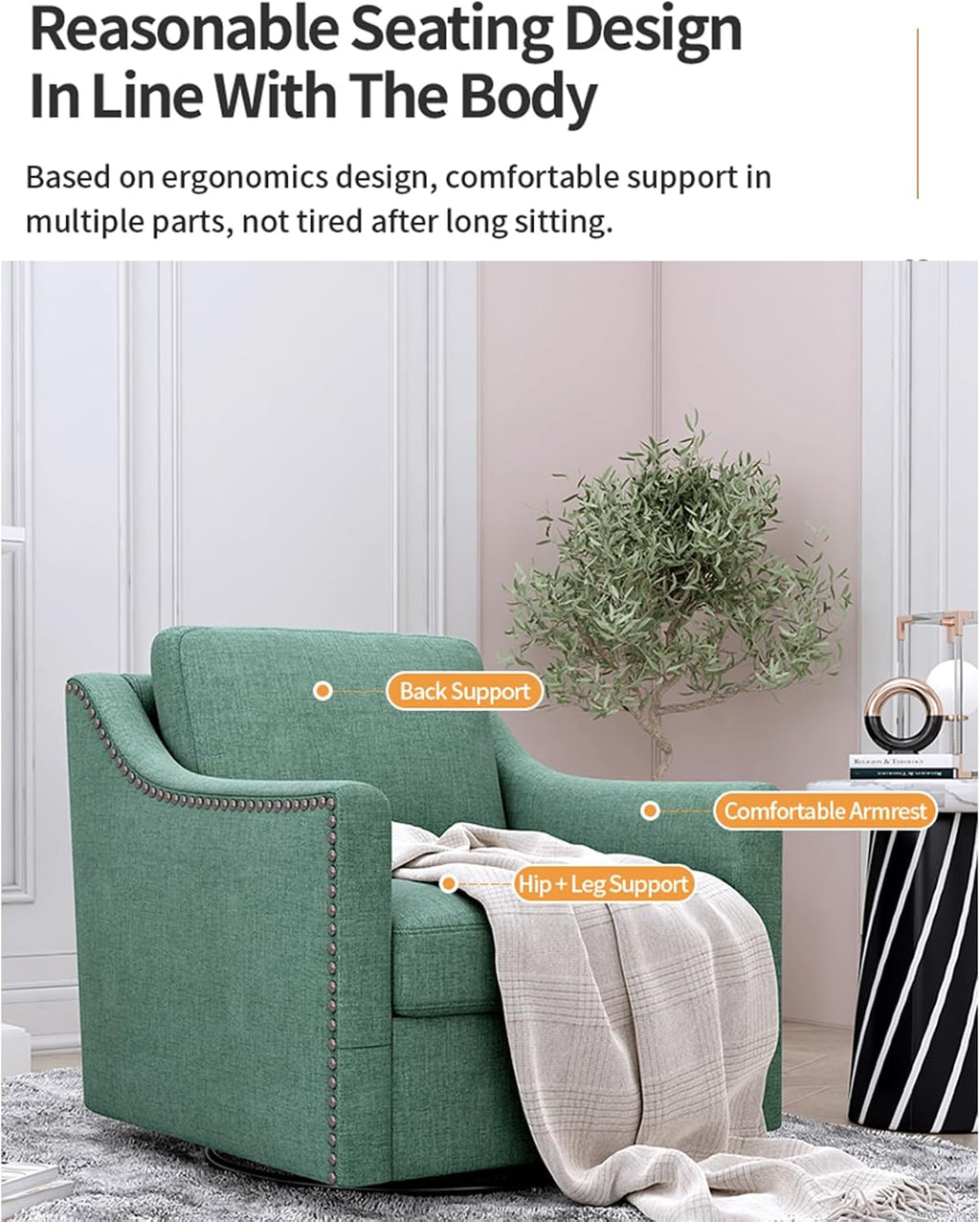 360° Swivel Armchair, Cotton Linen Skin-Friendly Fabric, Ergonomic Design with Brass Nail Decor, Accent Chair for Living Room & Bedroom